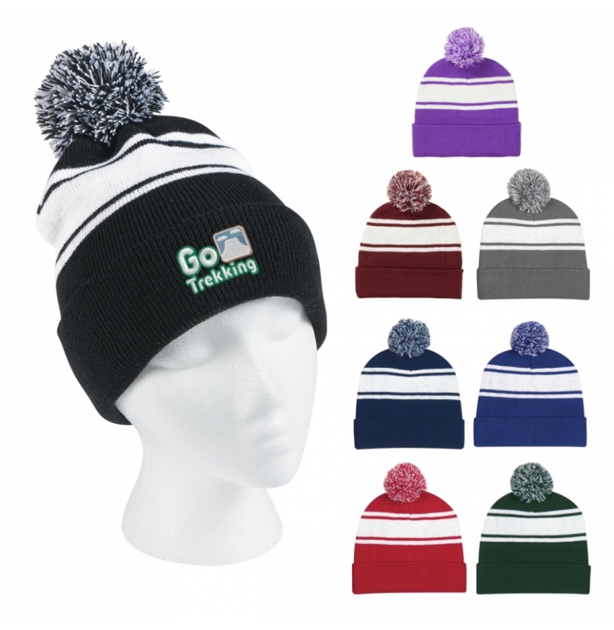 Two-Tone Knit Pom Beanie With Cuff