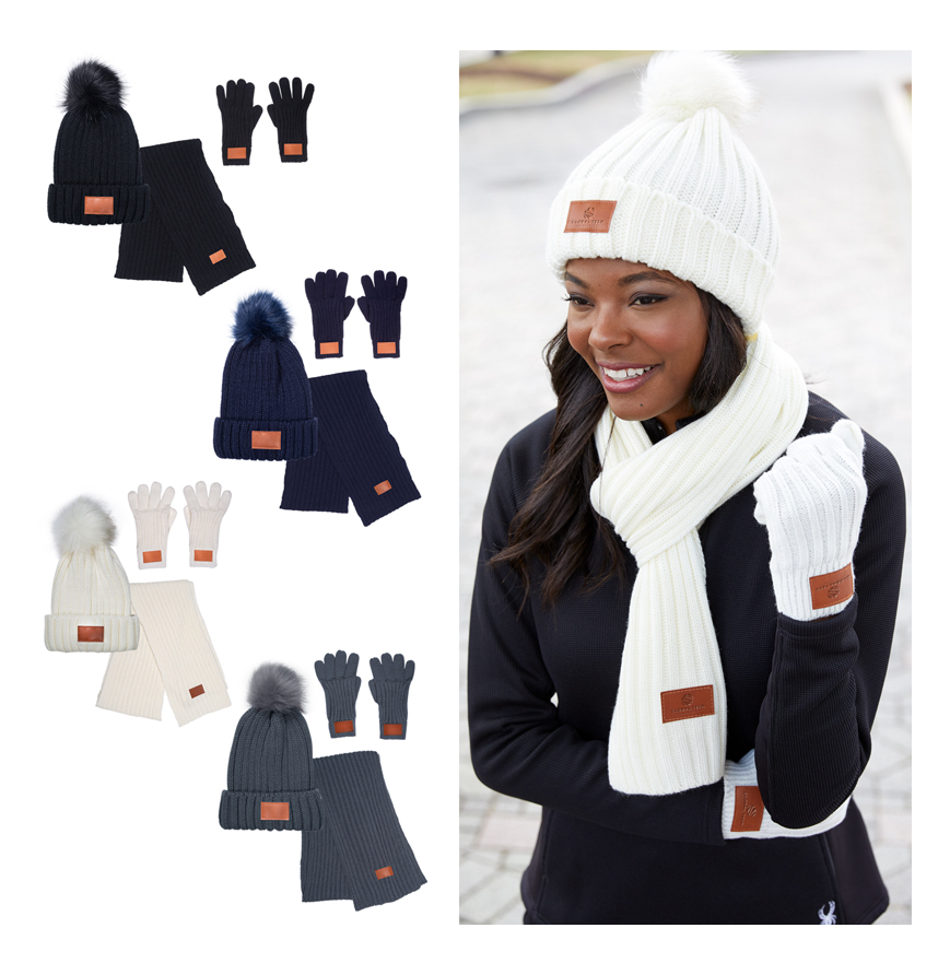 Leeman 3 Pc Rib Knit Fur Pom Winter Set