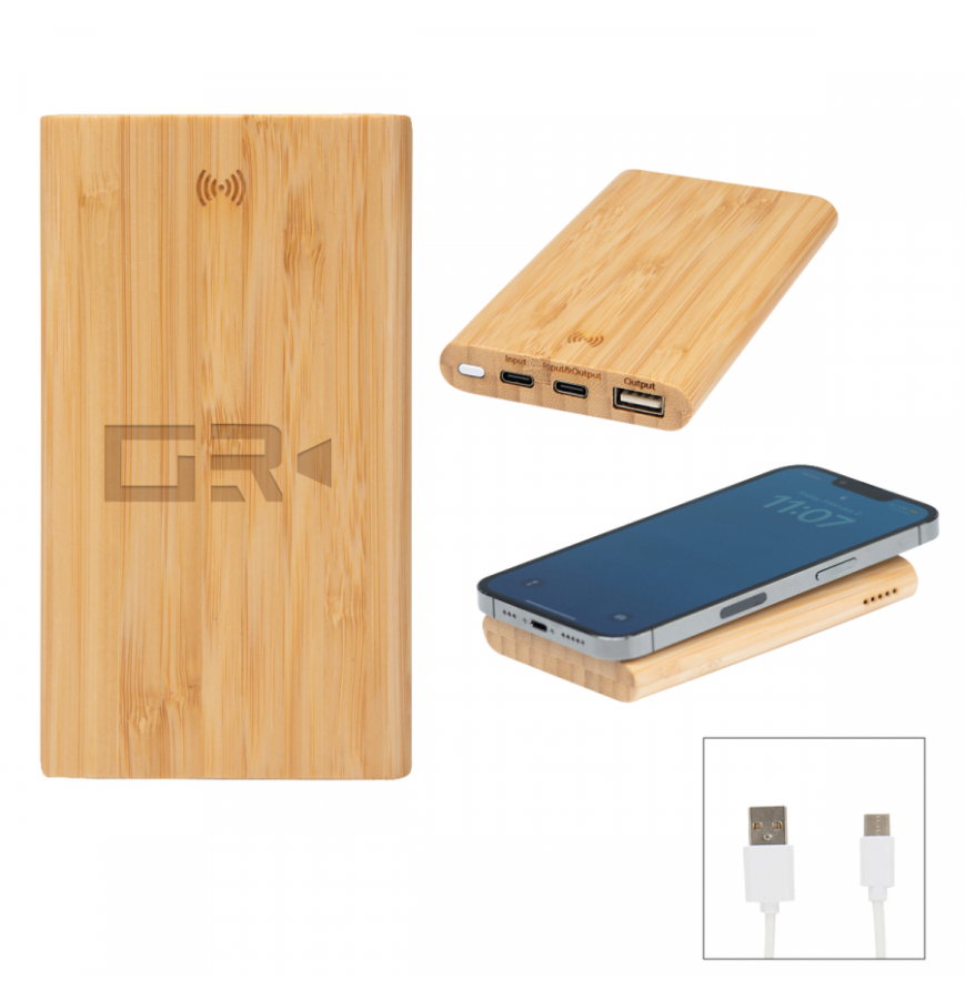 5000 mAh Bamboo Power Bank  10W Wireless Charger